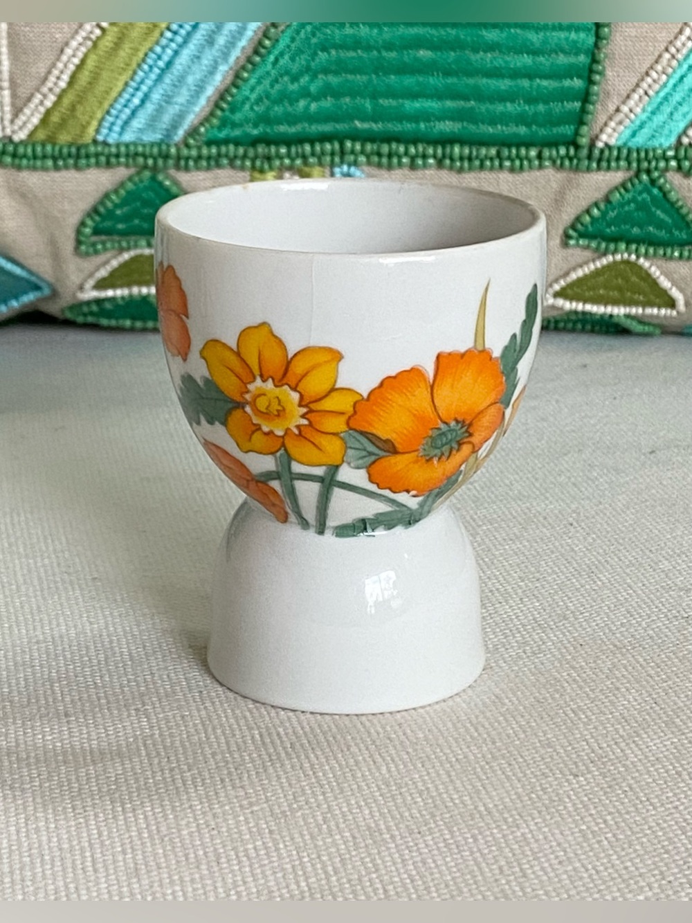 Vtg Lefton China Double Egg Cup Orange Yellow Poppies & Daffodils Flowers